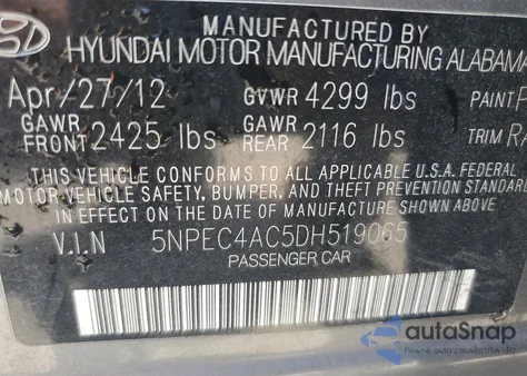 2013 Hyundai Sonata Se from USA, damaged, VIN 5NPEC4AC5DH519065